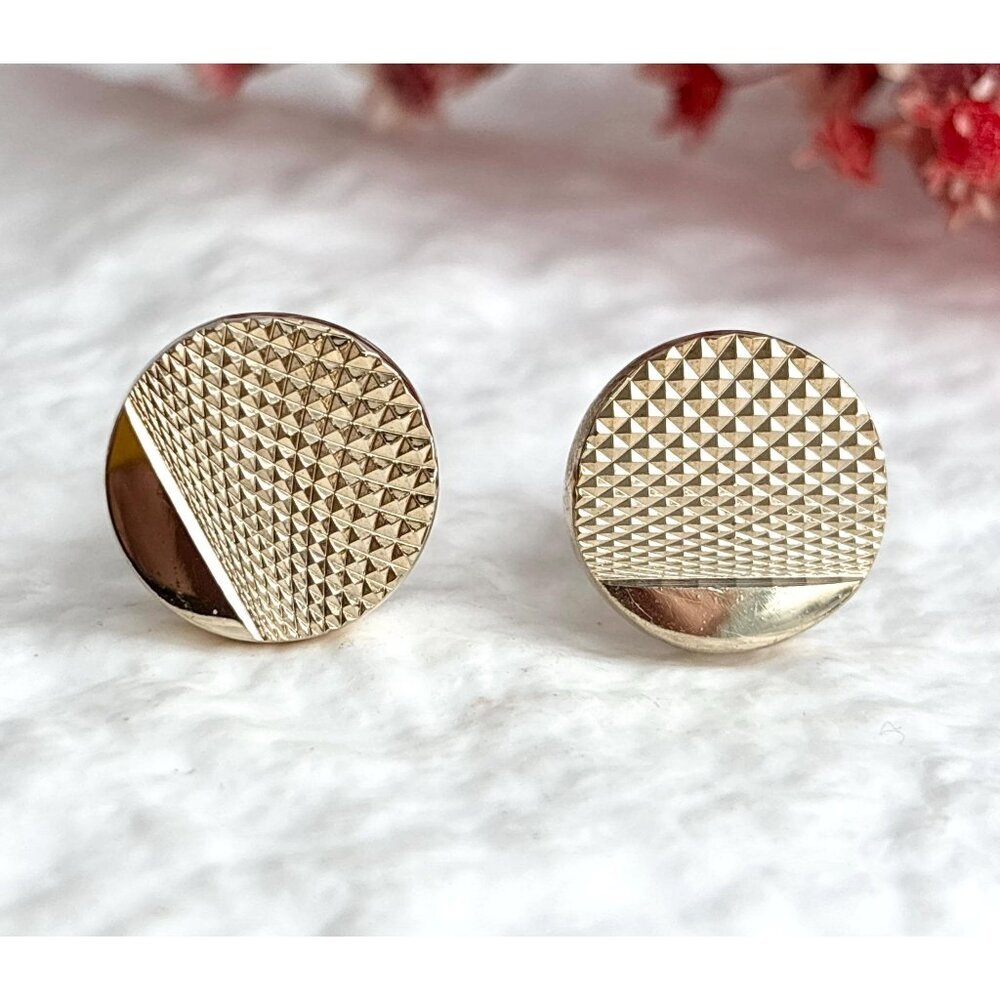 Knurled Textured 80's Style Retro Gold Toned Round Vintage Cuff Links